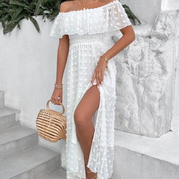 White Boho Womens Swiss Dot Off Shoulder Ruffle Trim Split Thigh Dress - Picture 2 of 5